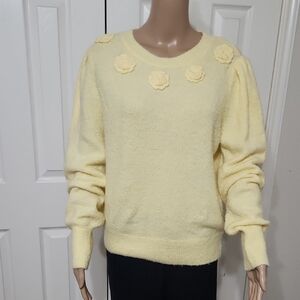 Joie L Yellow Puff Sleeve Blanket Soft Floral Adorned Sweater